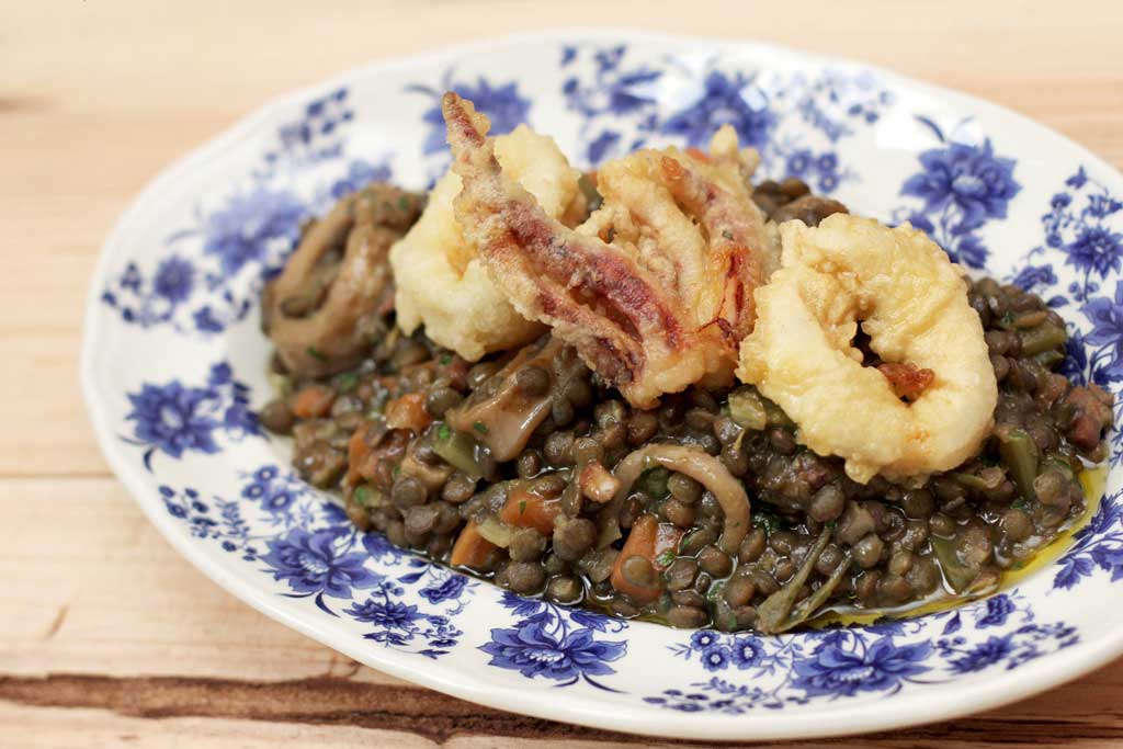 Lentil Stew with Crispy Baby Squid