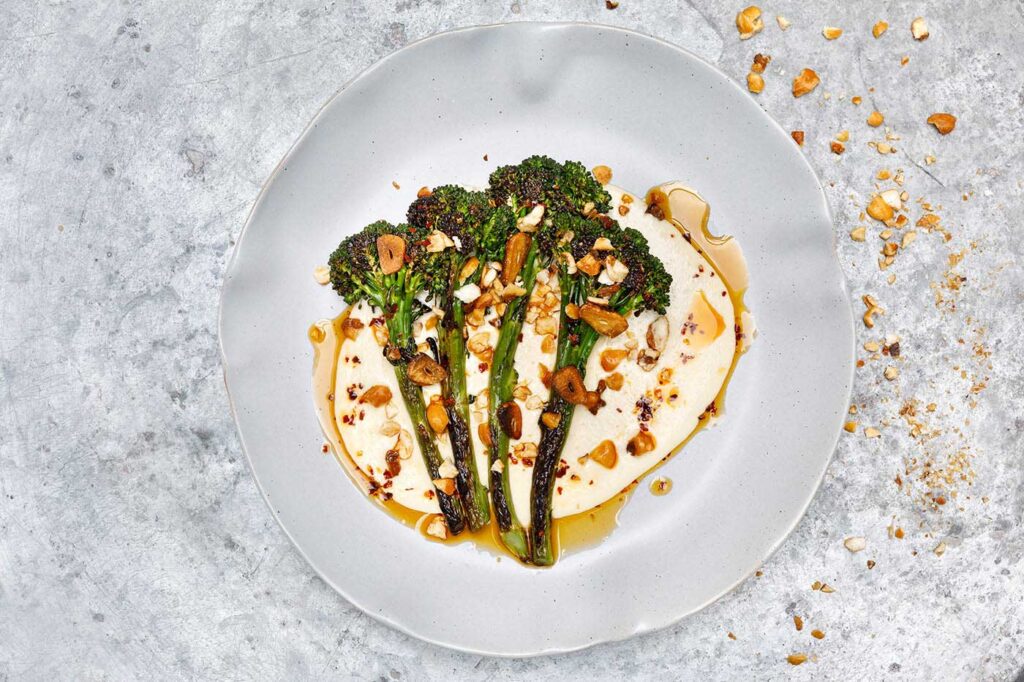 Charred Purple Sprouting with Ajoblanco and Chilli Oil