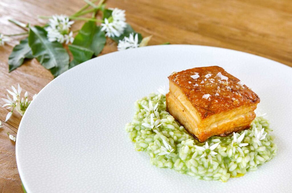 Crispy Pork Belly with Wild Garlic Arroz
