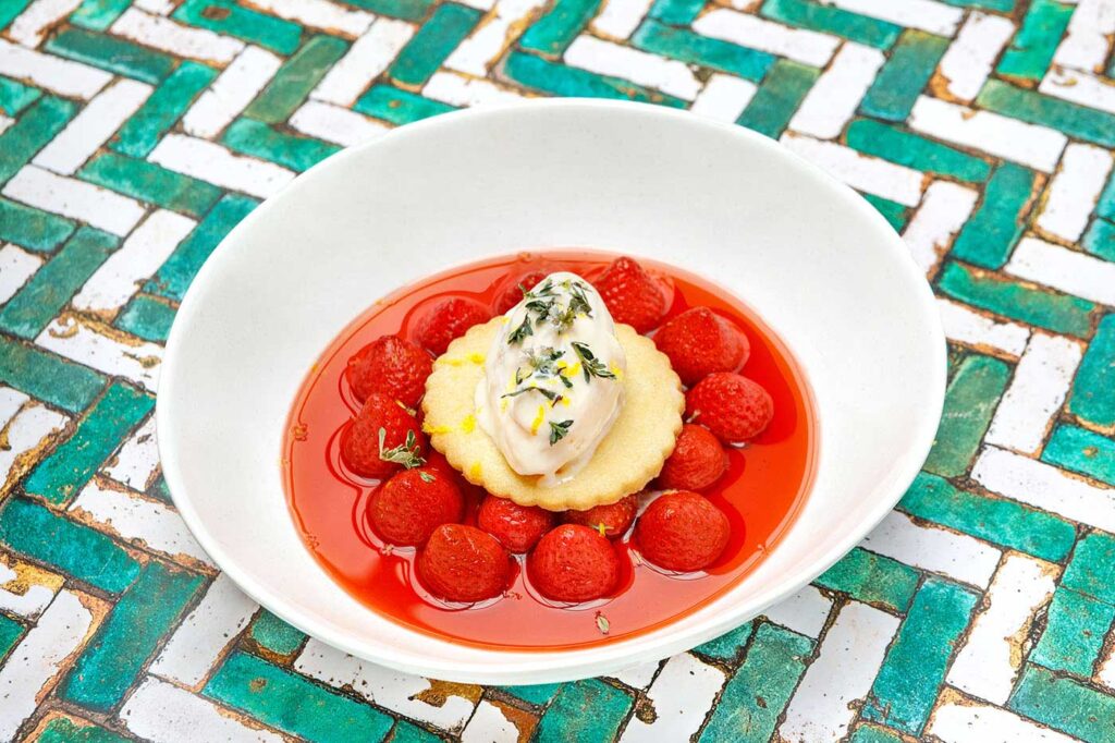 Macerated Strawberries in Palo Cortado Sherry with Sablée biscuit and Thyme Ice Cream