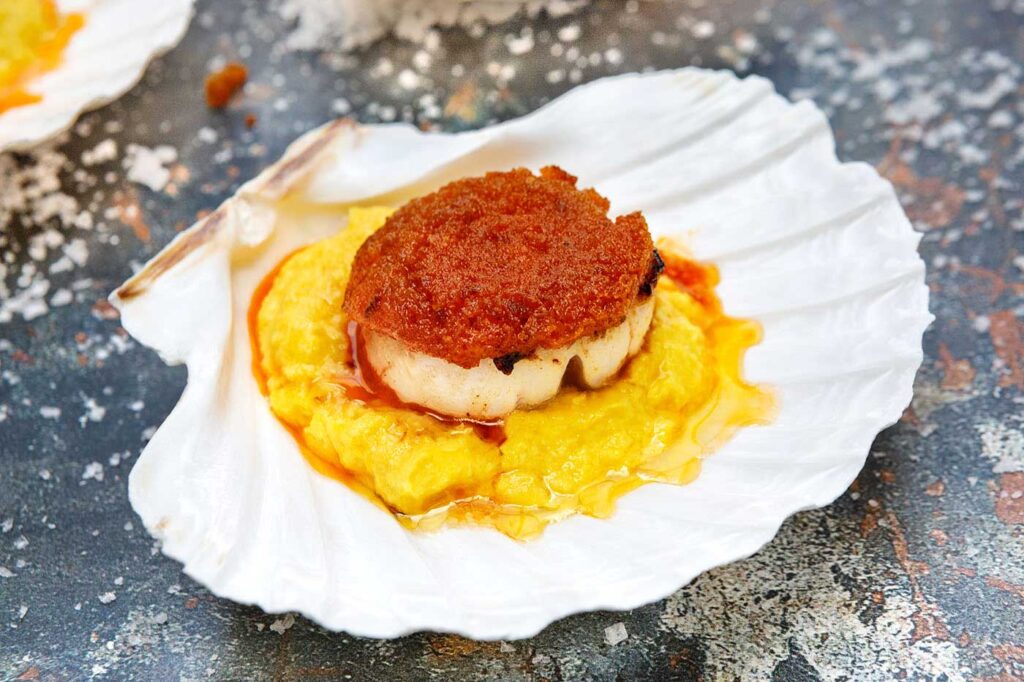 Barbecued scallops with sweetcorn puree and sobrasada sausage