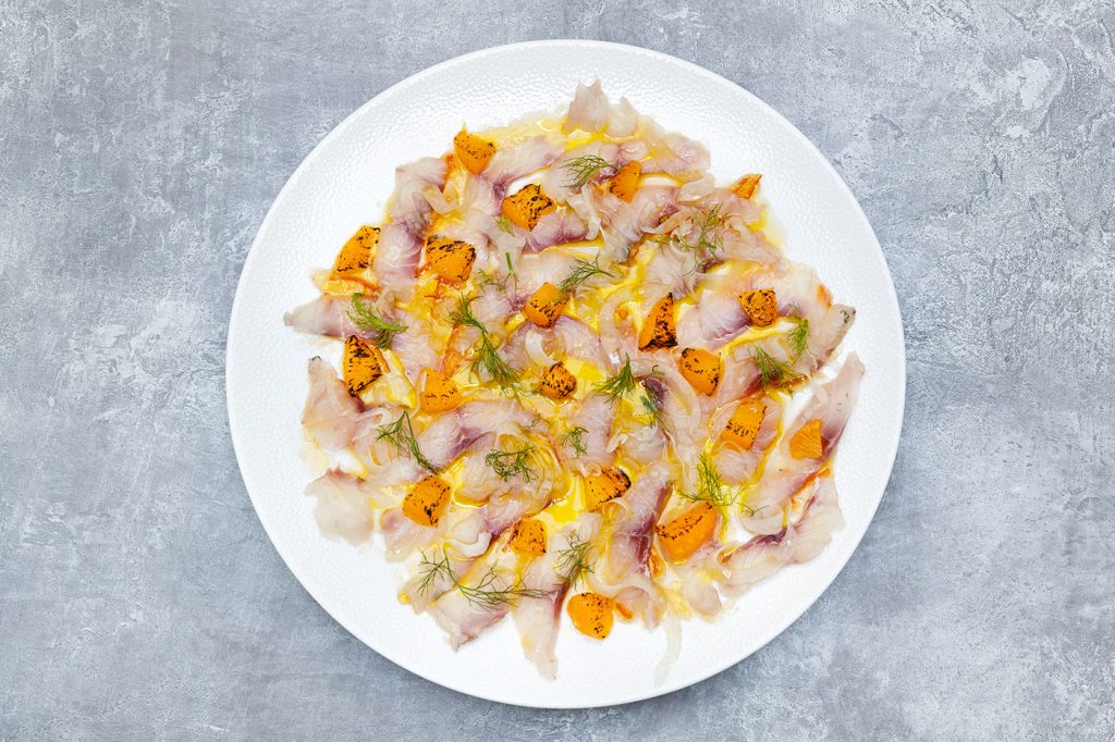 Sea Bass Crudo, Burnt Orange, Seville Orange Marmalade, Pickled Fennel and Arbequina Oil
