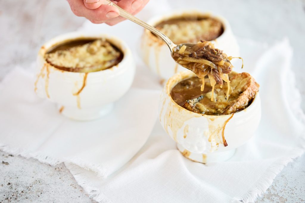 French onion and beef cheek soup