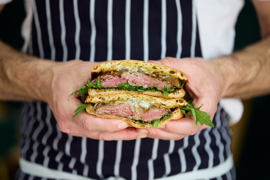 Galician steak sandwich with sherry caramelised onions and picos blue cheese