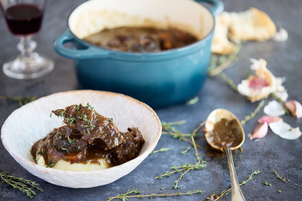 Slow cooked beef cheeks in Rioja red wine